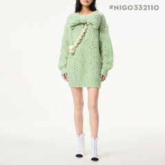 Chanel 25K Fall/Winter Haute Couture Collection Long Sleeves Short Dress Mohair And Wool Light Green #332110