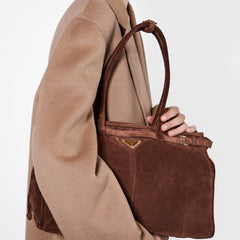 Prada Bonnie Soft Lux Women's Solid Colour Classic Fashion Large Suede Leather Handbag With Metal Triangle Logo Zipper Closure Tote Bag Bags 1BA439 #78152