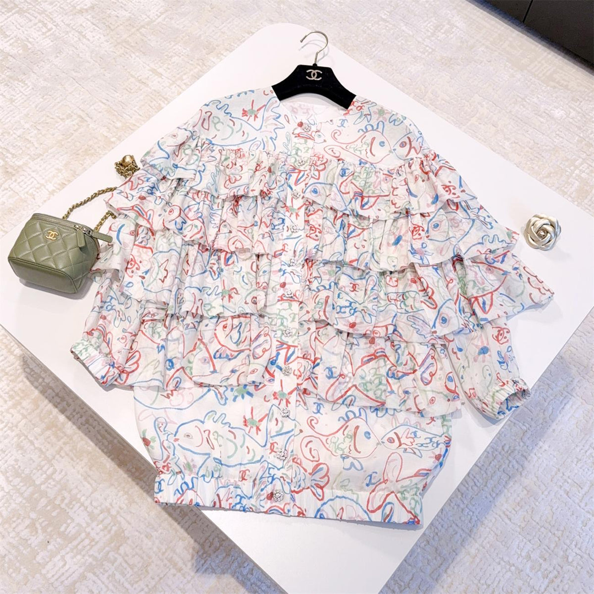 Chanel Women's Summer Fish Printed Silk Lace Short Sleeve Short Dress #75594
