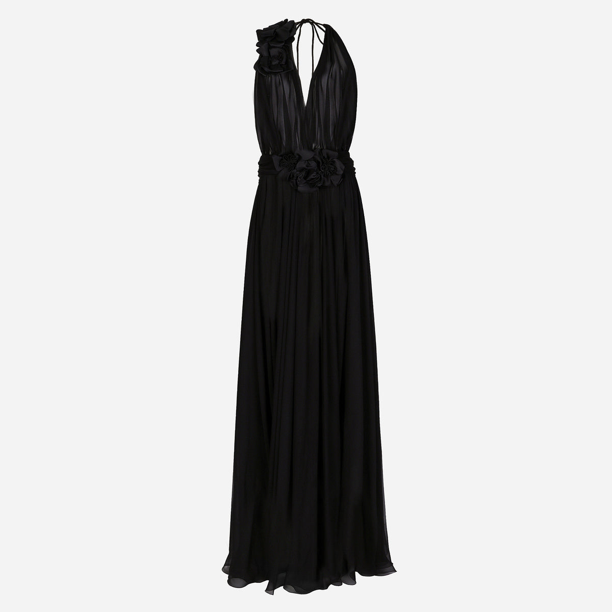 Dolce&Gabbana Women's Floral Detail Pleated Dress 3D Floral Backless Halter Neck Black Longline Sheer Tulle Dress Spring/Summer #192730