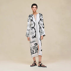 Hermes 26w Chain-detail Bow-tie Waistband Printed Silk Dress Women's Spring/summer Black And White Chain-detail Retro Elegant Maxi Luxury Dress Lady #197289