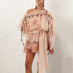 Zimmermann Women's Summer Solid Color Seascape Pattern Printed Silk Linen Ruffle Short Dress #77344