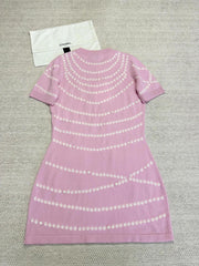 Chanel Women's Spring/Summer Solid Color Pearl Chain Printed Cashmere Short Sleeve Dresses #76518