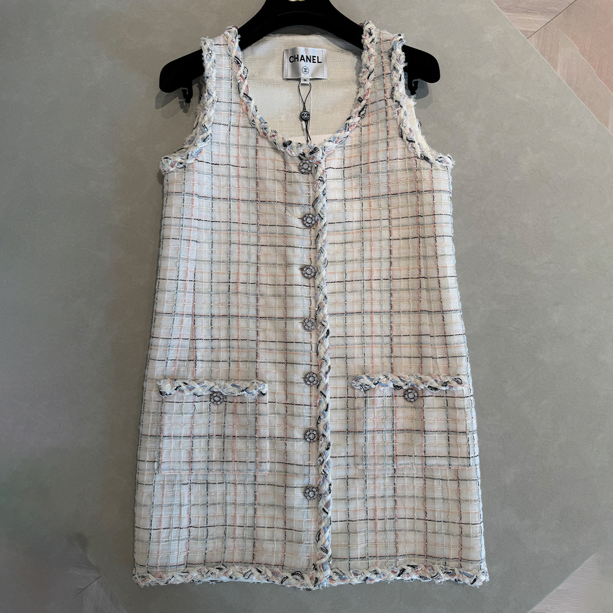 Chanel Women's Summer High-Street Plaid Single-Breasted Multi-Color Halter Sleeveless Dress Dresses Ngvp #2566