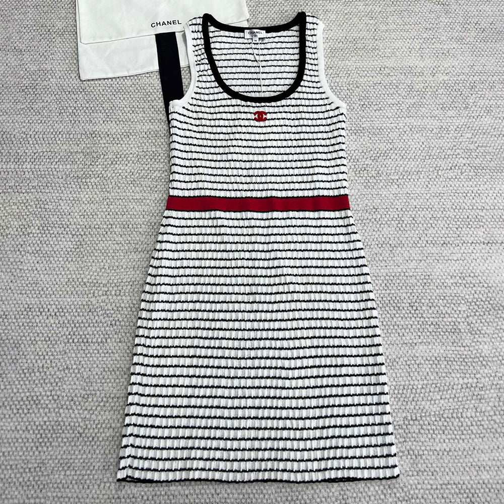 Chanel Women's Black And White Striped Tank Dress Stylish Refined And Elegant Summer Holiday Knit Tank Dress Lady #82922A
