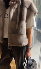 Brunello Cucinelli Women's Fall/Winter Wool Cashmere Knit Solid Color Zipper Drawstring Full-Length Mink Hooded Vest Ngvp #2518