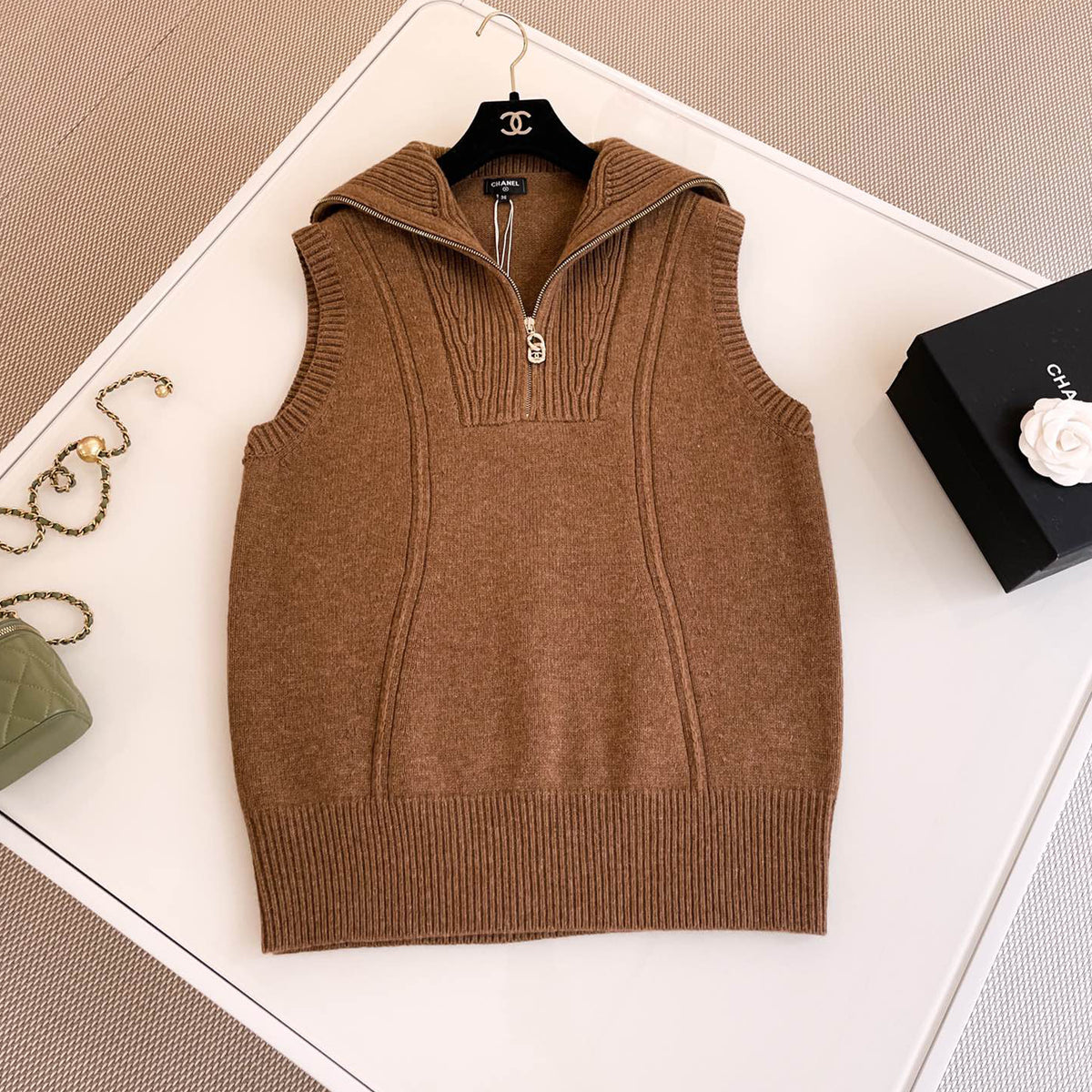 Chanel Women's Spring And Autumn Brown Zipper Vintage Fashion Cashmere Knit Vest Sleeveless Single Breasted Top Ngvp #8941