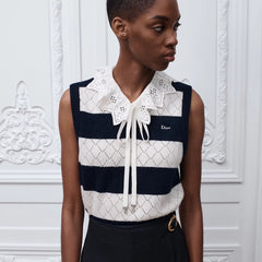 Dior CD 26S Openwork Knit Tank Top Black And White Striped Diamond-patterned Openwork Jacquard Tank Top With Oversized Collar And Bow Lady Vest #196627
