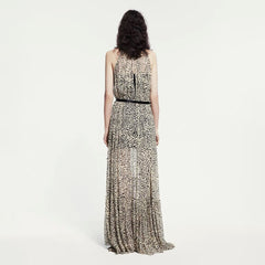 Saint Laurent Women's Summer Round Neck Pullover Silk Fit Sleeveless Leopard Print Long Dresses #71631