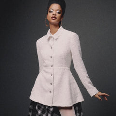 Chanel Women's Spring And Autumn White Sequin Lapel Single Breasted Coarse Tweed Waist Jacket Dress Ngvp #8526