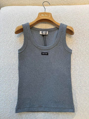 MiuMiu Women's Summer Vest Sleeveless Ribbed Knitted Grey Sports Tank Lady Top T-Shirt # 195398