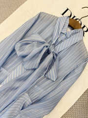 L Women's 2026 Spring French-style Blue Striped Bow Dress Elegant Waist-cinching. Slimming Shirt-style Maxi Dress Lady
