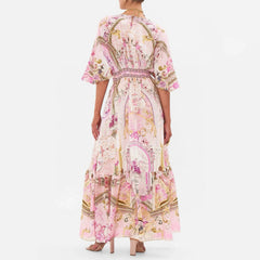 Camilla Women's Summer Fashion Pink Flower Silk Print Bohemian Diamond Slim V-neck Long Sleeve Dresses Ngvp #8783
