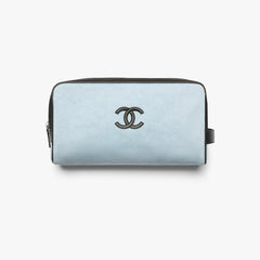 Chanel Large Zipped Pouch Canvas Calfskin Silver-tone Metal Blue And Black Stylish And Elegant Make-up Bag Bags #84397A