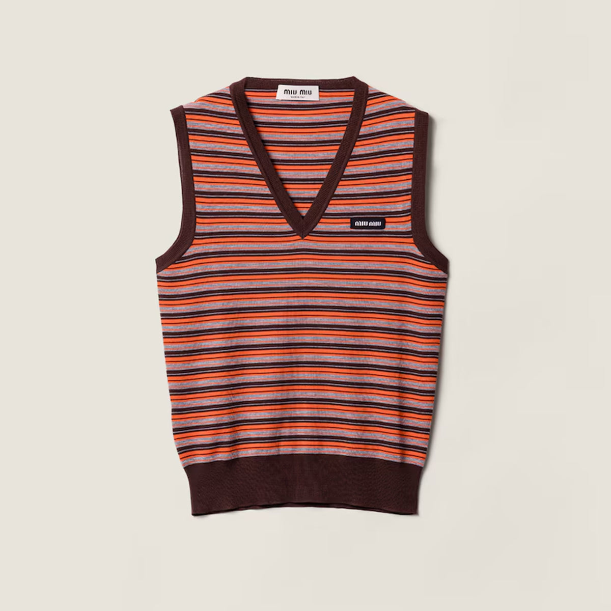 MiuMiu Women's Spring And Summer Color Blocked Striped Knitted Vest V-neck Sleeveless Head Knitted Vest Fashionable Temperament Casual Top Lady #194826