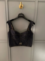 Dolce&Gabbana Women's Solid Colour Vest Washed Denim Bra Style Suspender Jacket Lined Leopard Printed #76862