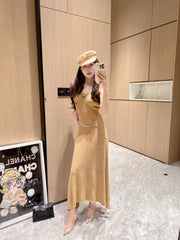 Prada Women's Summer Gilt V-Neck Knit Halter Long Dresses #72456
