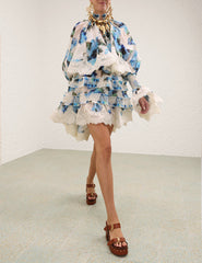 Zimmermann Spring 2026 New Arrivals Alchemy Short Silk-linen Pleated Dress Blue Patchwork Lace Print Elegant Long-sleeve Dress Lady #196840