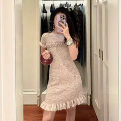 Chanel M¨¦tiers D'art Collection Women's Spring And Summer Ruffle Nude Gray Knit Dress Fashion Temperament Elegant Dresses Skirt Ngvp #2223