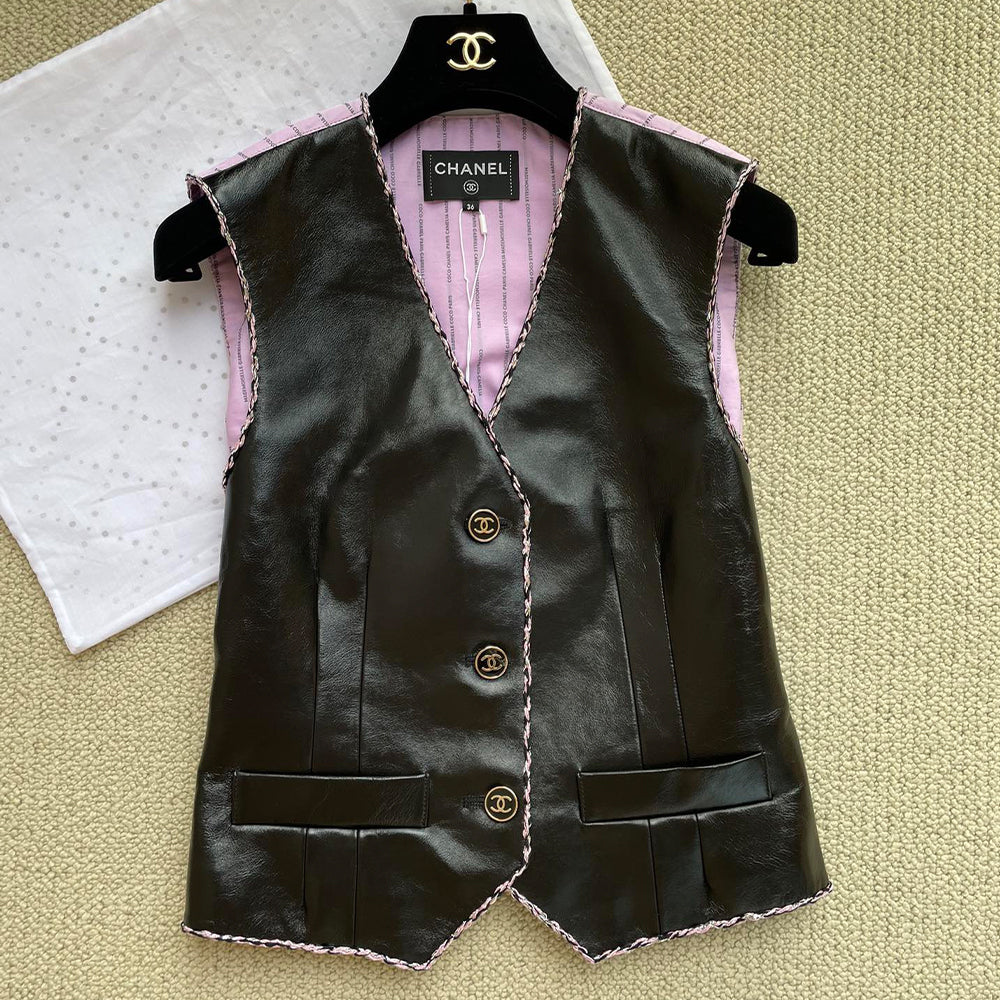 Chanel Women's Black Leather Vest With Purple Lining Sexy New Spring/summer Arrival Elegant And Exquisite Leather Vest Lady #82776A