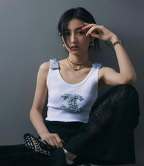 Chanel Women's Summer Fashion Casual Crew Neck Pullover Top with Adjustable Straps in Pure Cotton Fabric Vest #78844