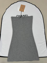 MiuMiu Women's New Arrival Gray Strapless Short Dress With Side Slit Strapless Body Hugging Silhouette Asymmetrical Side Slit Slim Fitting Layering Friendly Dress Lady #197339