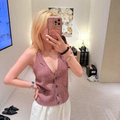 Chanel Women's Knitted Buckle Slim Vest Spring And Summer Fashion Temperament Elegant Delicate Button Undershirt Tops  Ngvp #2645