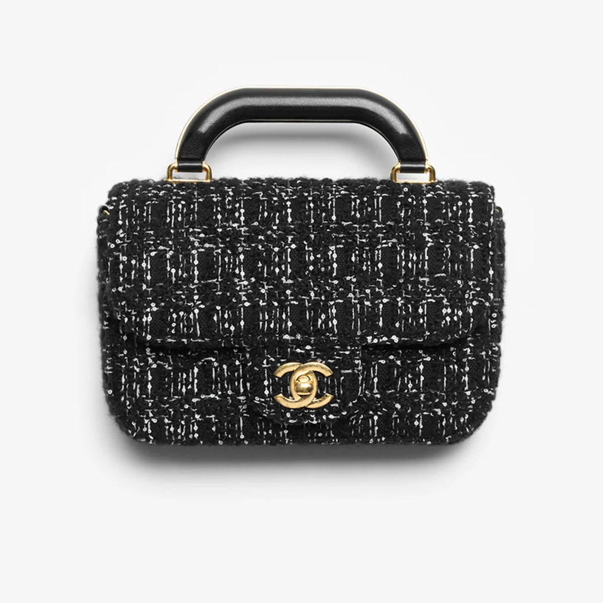 Chanel Black Gold Tweed Handle Flap Clutch Bags Small Size Fashionable Versatile Evening Bag Luxurious Women's Handbag #82444A