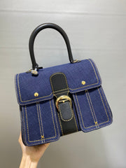 Delvaux Brillant Trench Women's Outer Stitching Solid Color Denim Patchwork Leather Tote Shoulder Bag Bags #76452