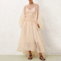 Zimmermann Illuminate Macrame Gown Women's Spring And Summer Tulle Transparent Bubble Sleeve Hand Crocheted Fashion Temperament Elegant Long Sleeve Dresses Ngvp #1889