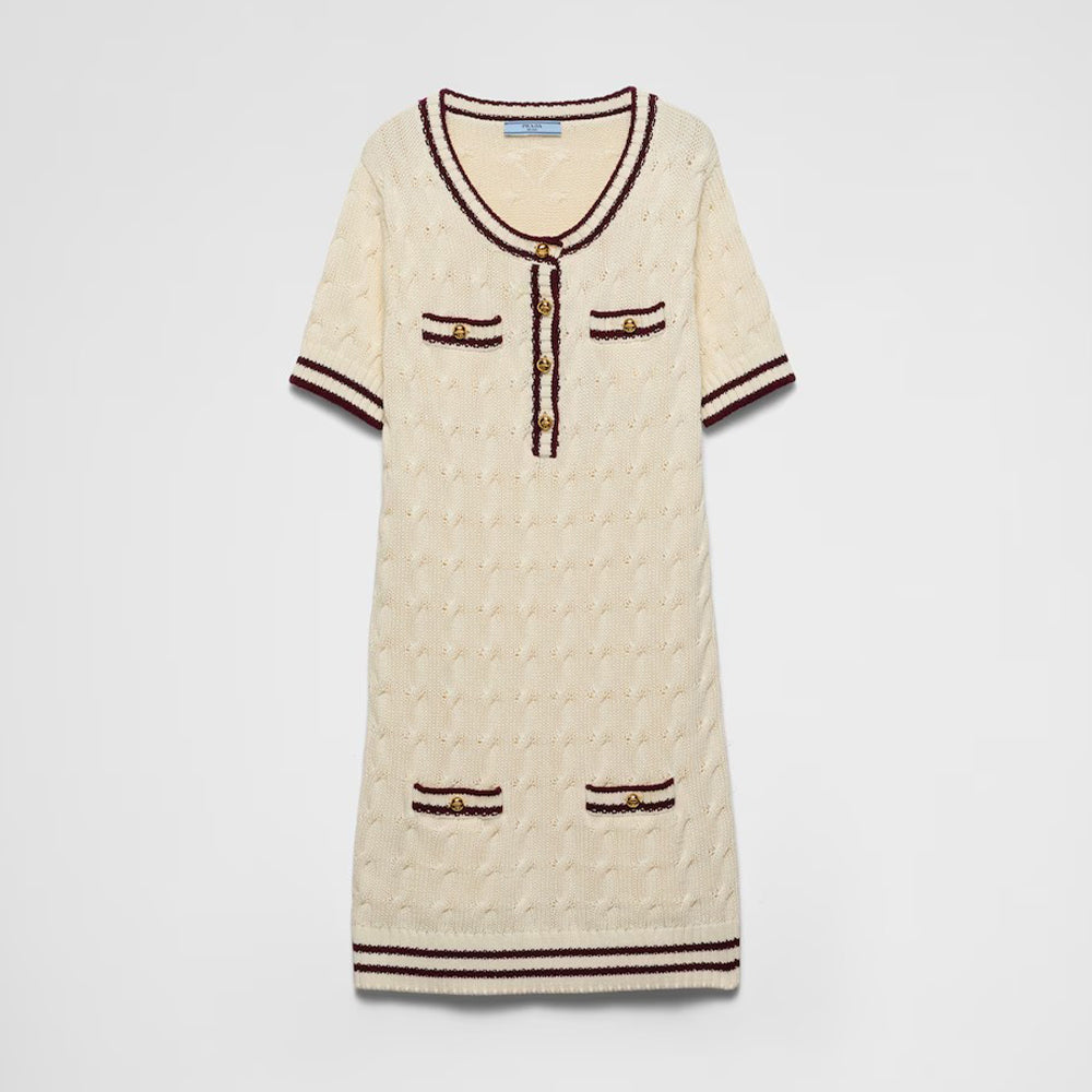 Prada Women's Summer Solid Color Striped Round Neck Cotton Short Sleeve Fitted Mini Dresses Ngvp #8951
