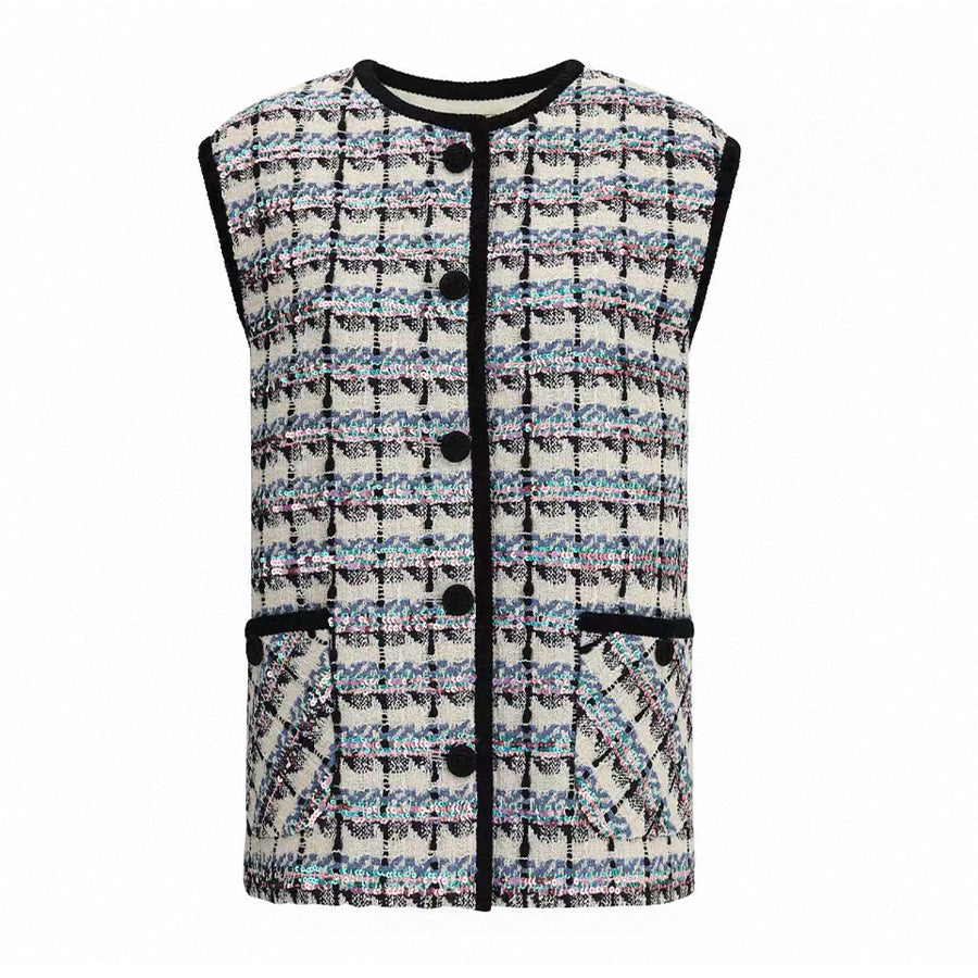 Valentino Women's Spring And Winter Tweed Sequins Check Pattern Solid Color Round Neck Single-Breasted Cotton Wool Blend Sleeveless Pocket Vest Ngvp #2111