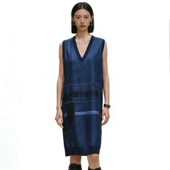 Hermes Women's Spring/summer 2026 Sleeveless V-neck Silk Geometric Print Dress Textured Knit Fabric Dark Blue V-neck Sleeveless Tank Dresses Lady #195707