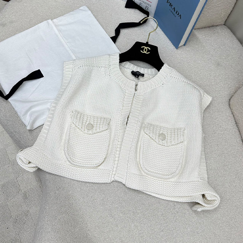 Chanel Women's Spring Summer Autumn High Street Round Neck Single Breasted Solid Color Short Cotton Blend Pocket Tank Top Vest Ngvp #1931