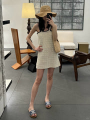 Celine Women's Summer TRIOMPHE Solid Color Crochet Knitted Cotton Strapless Mini Dress #77319