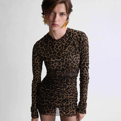 Saint Laurent  Dresses Women's Sexy Leopard Print Long-sleeve Mini Dress Fashionable Exquisite. Trendy Short Dress #82271A