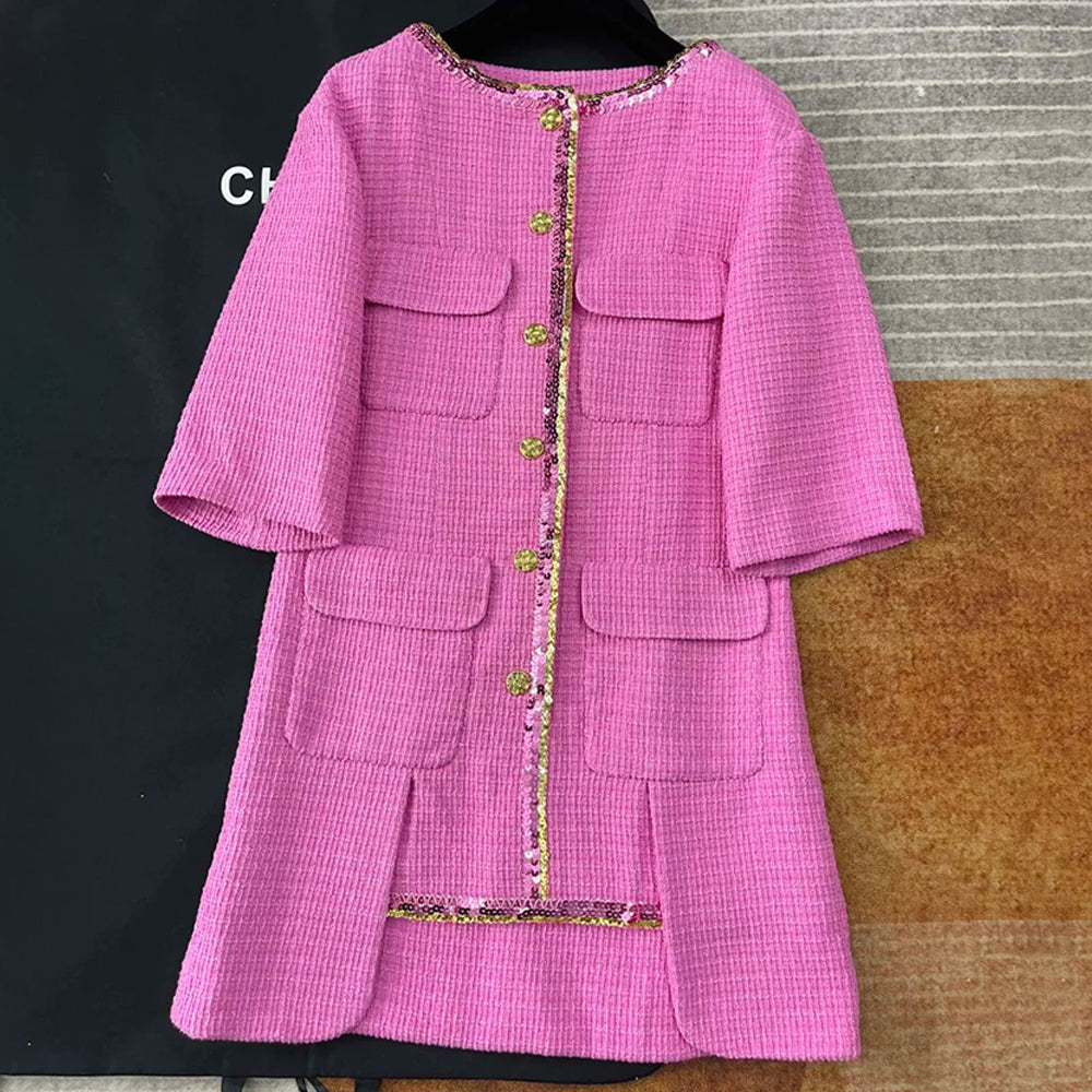 Chanel Women's Fall/Winter Pink Tweed Dress Single-Breasted Button-Down Fashionable Round Neckline Retro Barbie-Style Dress #82434A
