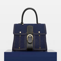 Delvaux Brillant Trench Women's Outer Stitching Solid Color Denim Patchwork Leather Tote Shoulder Bag Bags #76452