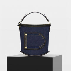 Delvaux Pin Bucket Women's Outer Stitching Solid Color Denim Patchwork Leather Tote Shoulder Bag Bags #76453