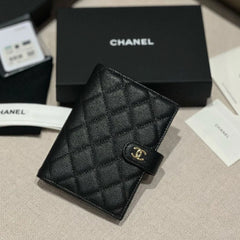 CHANEL Caviar Quilted Passport Holder Black Women's Black Checkered Square Wallet with Gold and Silver Buckles #82319A
