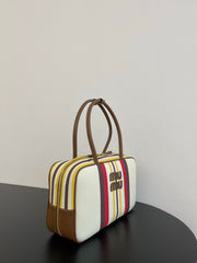 MiuMiu Beau Women's Embroidered Logo Print Striped Canvas And Calfskin Handbag Shoulder Bag Bags #77933