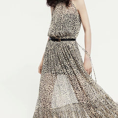 Saint Laurent Women's Summer Round Neck Pullover Silk Fit Sleeveless Leopard Print Long Dresses #71631