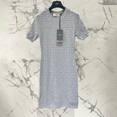 Fendi Women's Spring/Summer Solid Color Letter Printed Short Sleeve Round Neck Knit Dresses #72619