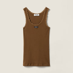 MiuMiu 2026 Spring New Arrival Women's Casual Sleeveless Lace-trimmed Fitted Khaki Knit Dress Cocoa Brown Garment-dyed Cotton Tank Top  Lady Vest #82985A
