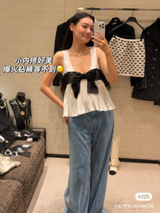 Chanel Women's Bow-Tie Low Round Neck Spring/Summer Solid Color Silk Sleeveless Tank Top Vest Ngvp #2588
