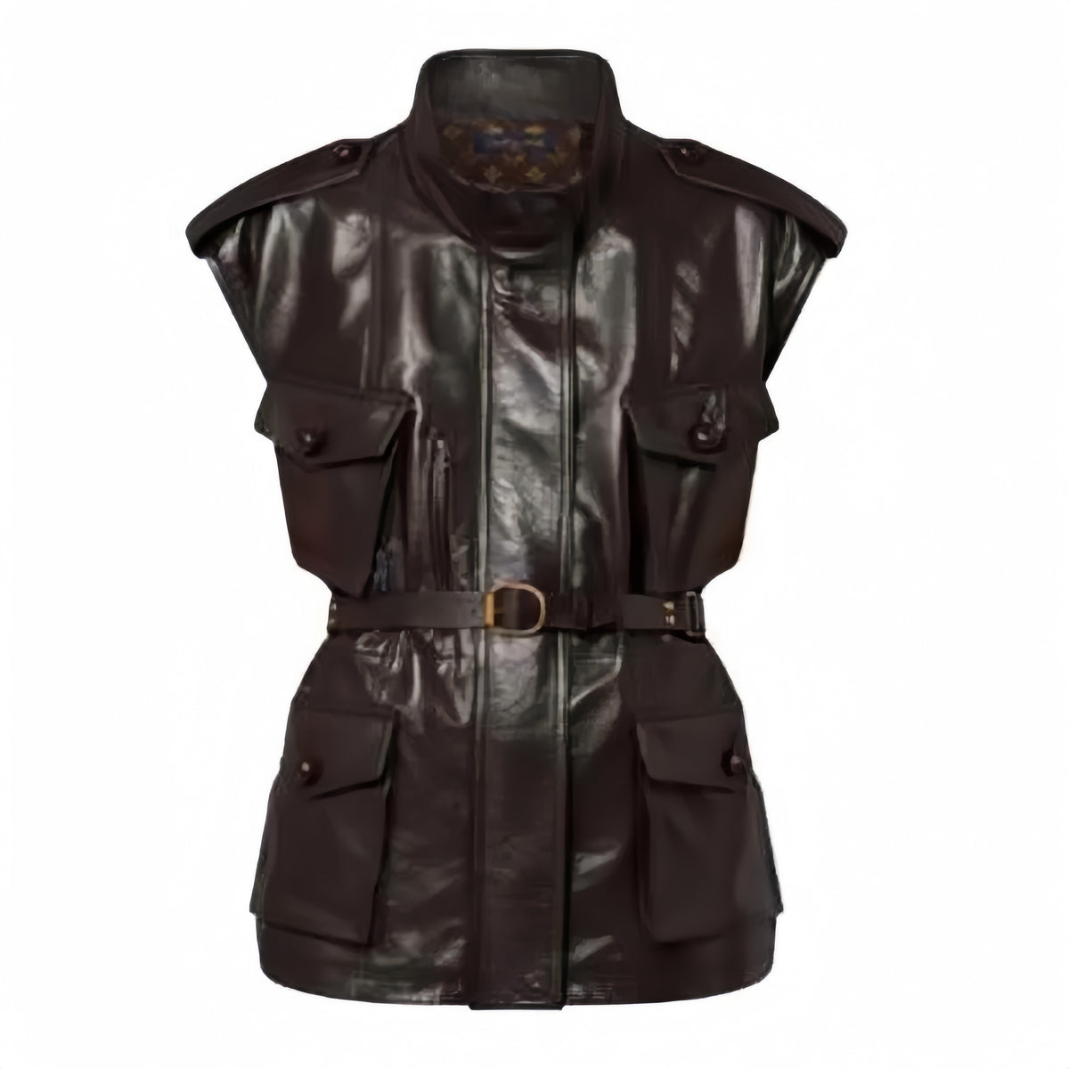 Louis Vuitton Women's Spring And Autumn Dark Curry Casual Loose Sleeveless Sheepskin Jacket Belt Lapel Vest Jacket Ngvp #8188