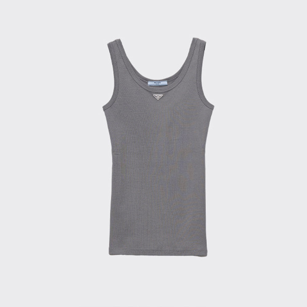 Prada Women's New Arrival Cement Gray Cotton Tank Top Soft Cotton Jersey Knit Fabric Stylish And Classic Sleeveless Tank Top Lady Vest #196985