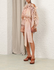 Zimmermann Women's Spring and Summer Show Pink Slant Strapless Loose Waist Ruffle Short Dresses #76189