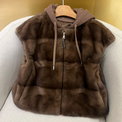 Brunello Cucinelli Women's Fall/Winter Wool Cashmere Knit Solid Color Zipper Drawstring Full-Length Mink Hooded Vest Ngvp #2518