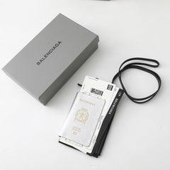 Balenciaga Spring New Product: Passport Aircraft Phone Lanyard Bag Silver And Black Glossy Leather Passport Bag Airline Ticket Wallet Bags #195348